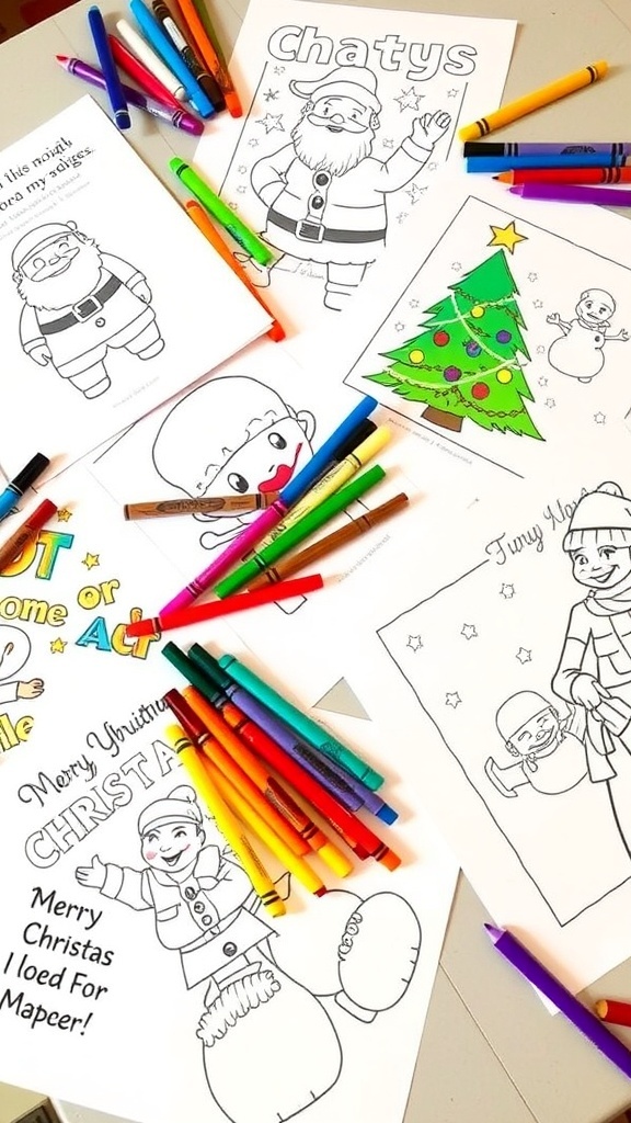Coloring pages with Christmas themes including Santa, trees, and snowmen on a table with coloring supplies.
